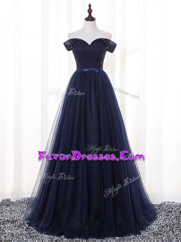 Beauteous Floor Length Lace Up Wedding Party Dress Navy Blue for Prom and Party and Wedding Party with Belt