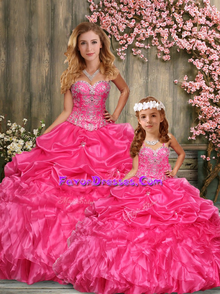 Hot Pink Ball Gowns Taffeta Sweetheart Sleeveless Beading and Ruffles Floor Length Lace Up 15th Birthday Dress