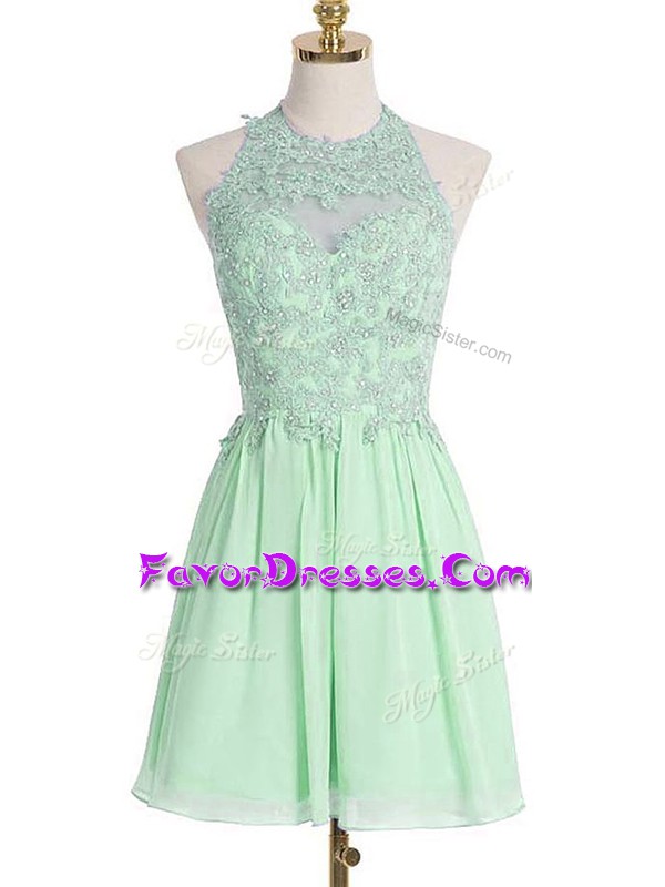 Graceful Apple Green Chiffon Lace Up Wedding Party Dress Sleeveless Knee Length Appliques
