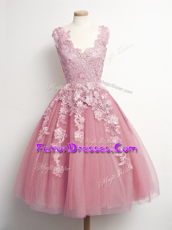 Delicate Knee Length Lace Up Dama Dress for Quinceanera Pink for Prom and Party and Wedding Party with Appliques