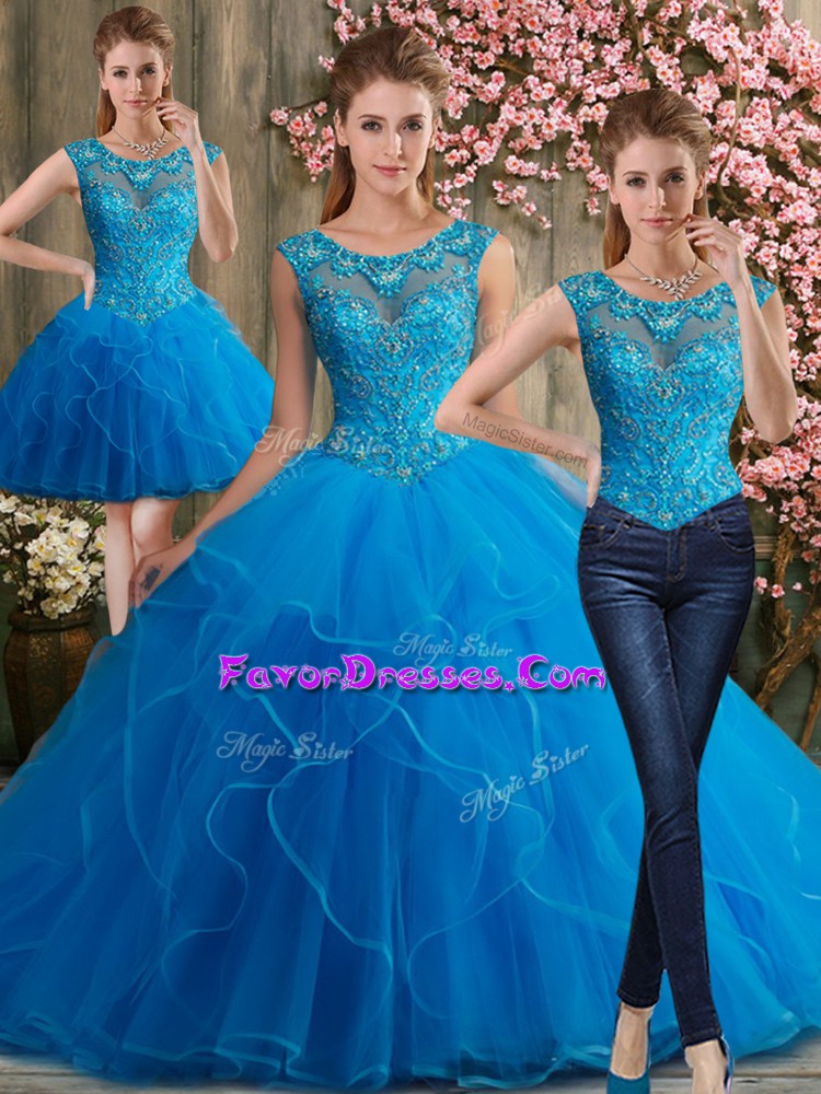  Beading and Embroidery Quinceanera Dress Blue Lace Up Sleeveless Floor Length