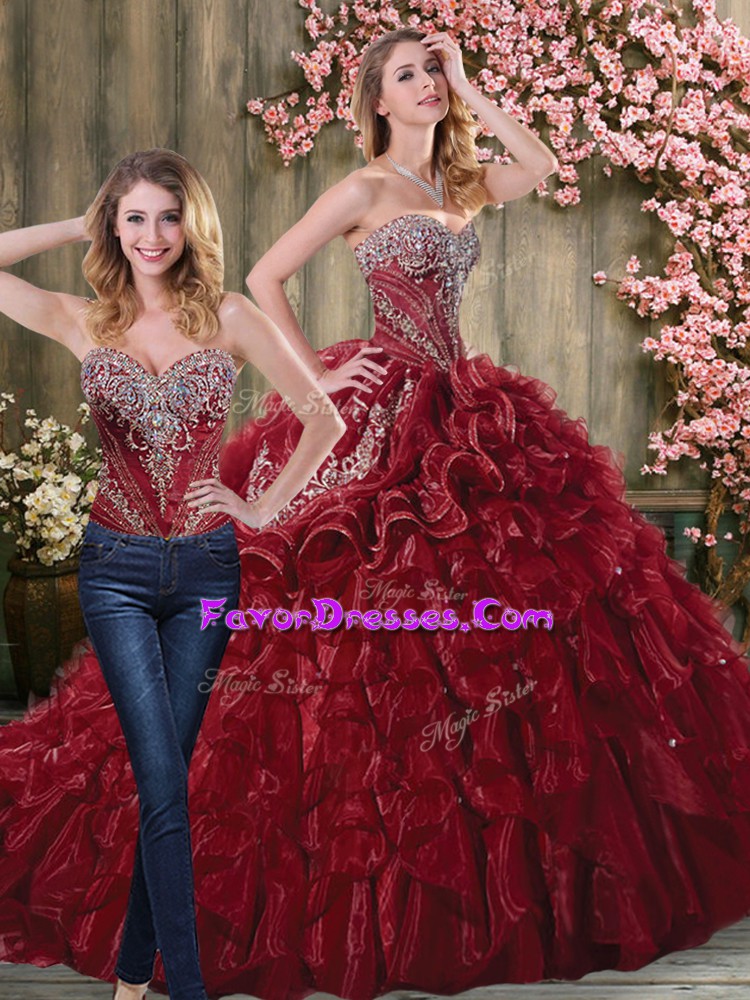 Graceful Wine Red Sleeveless Organza Brush Train Lace Up 15 Quinceanera Dress for Military Ball and Sweet 16 and Quinceanera