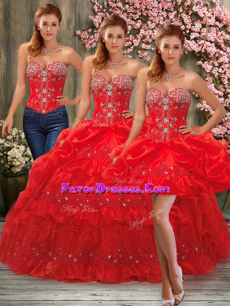 Sophisticated Floor Length Lace Up Sweet 16 Dress Red for Military Ball and Sweet 16 and Quinceanera with Beading and Pick Ups