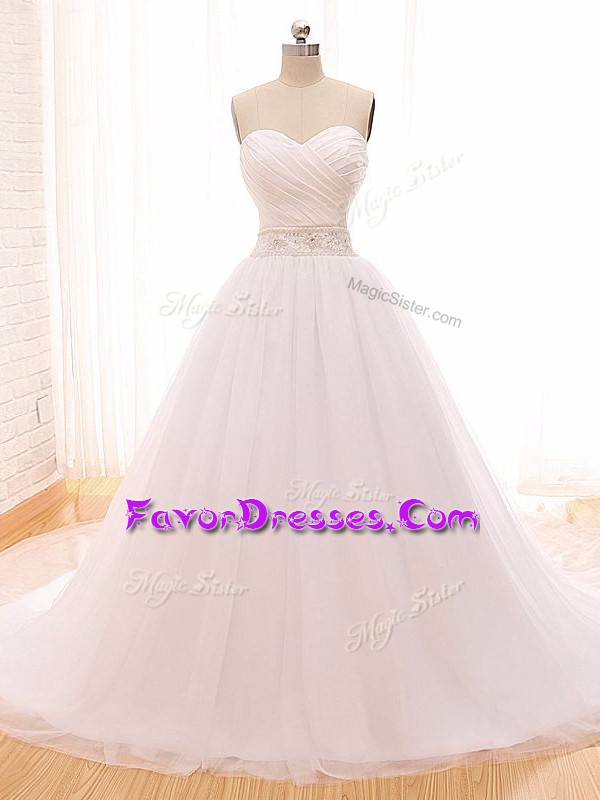 Fancy White Wedding Gowns Tulle Sleeveless Beading and Ruching