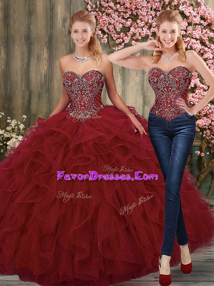 Best Floor Length Lace Up Sweet 16 Quinceanera Dress Wine Red for Military Ball and Sweet 16 and Quinceanera with Beading and Ruffles