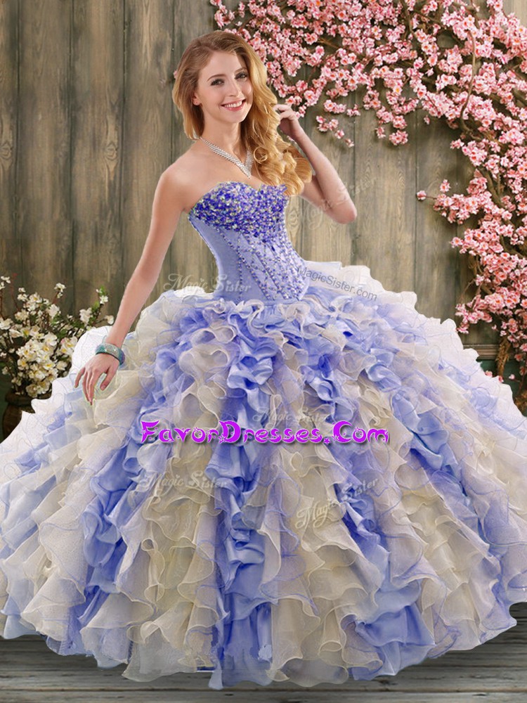 Fashionable Sleeveless Beading and Ruffles Lace Up 15th Birthday Dress with Multi-color Brush Train