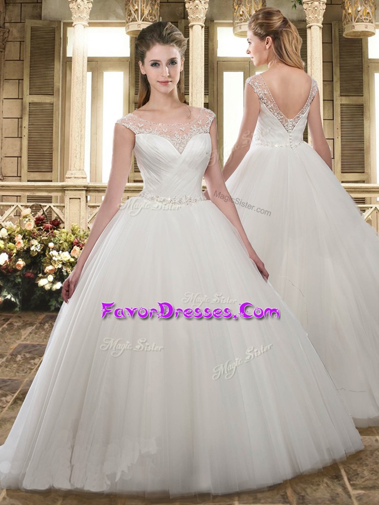  Tulle Sleeveless Wedding Gowns Brush Train and Beading and Lace