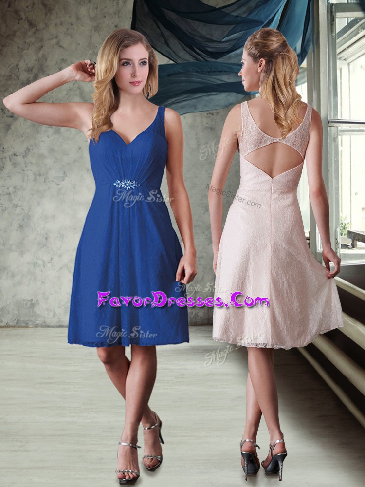 Modern Blue Sleeveless Lace Criss Cross Quinceanera Court of Honor Dress for Prom and Party