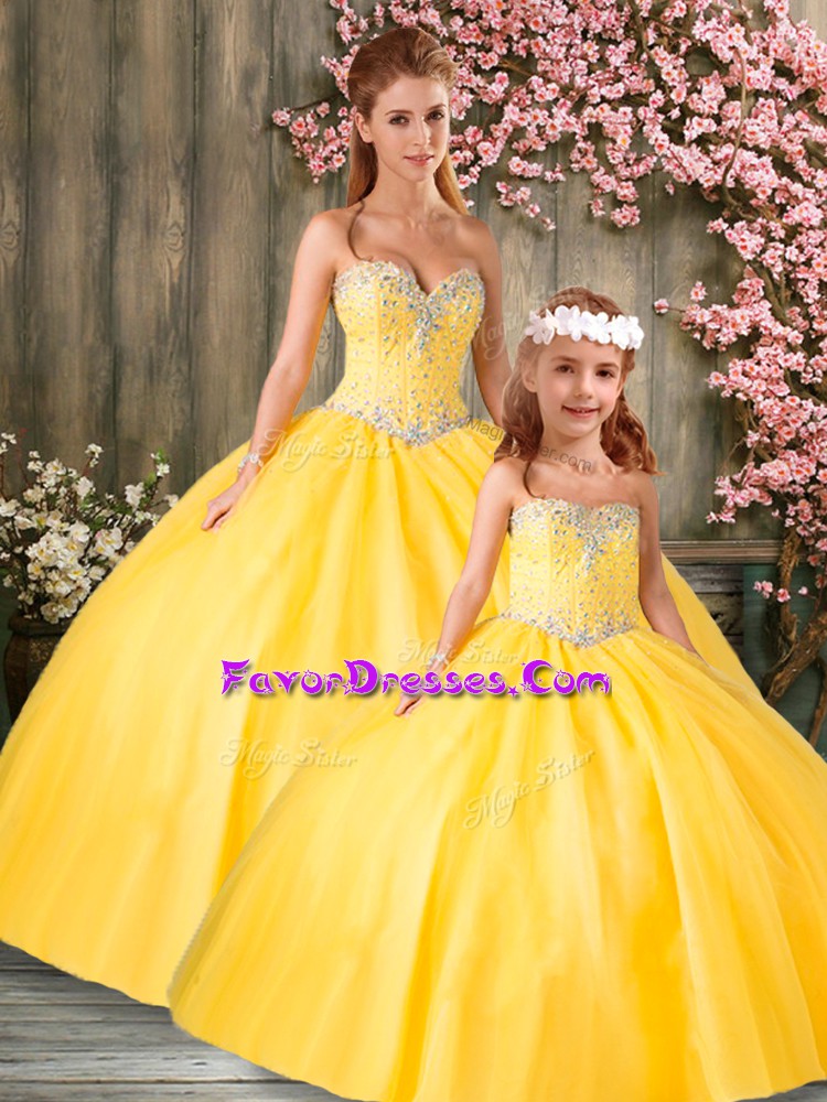 Fabulous Gold Tulle Lace Up Sweet 16 Dresses Sleeveless Floor Length Beading