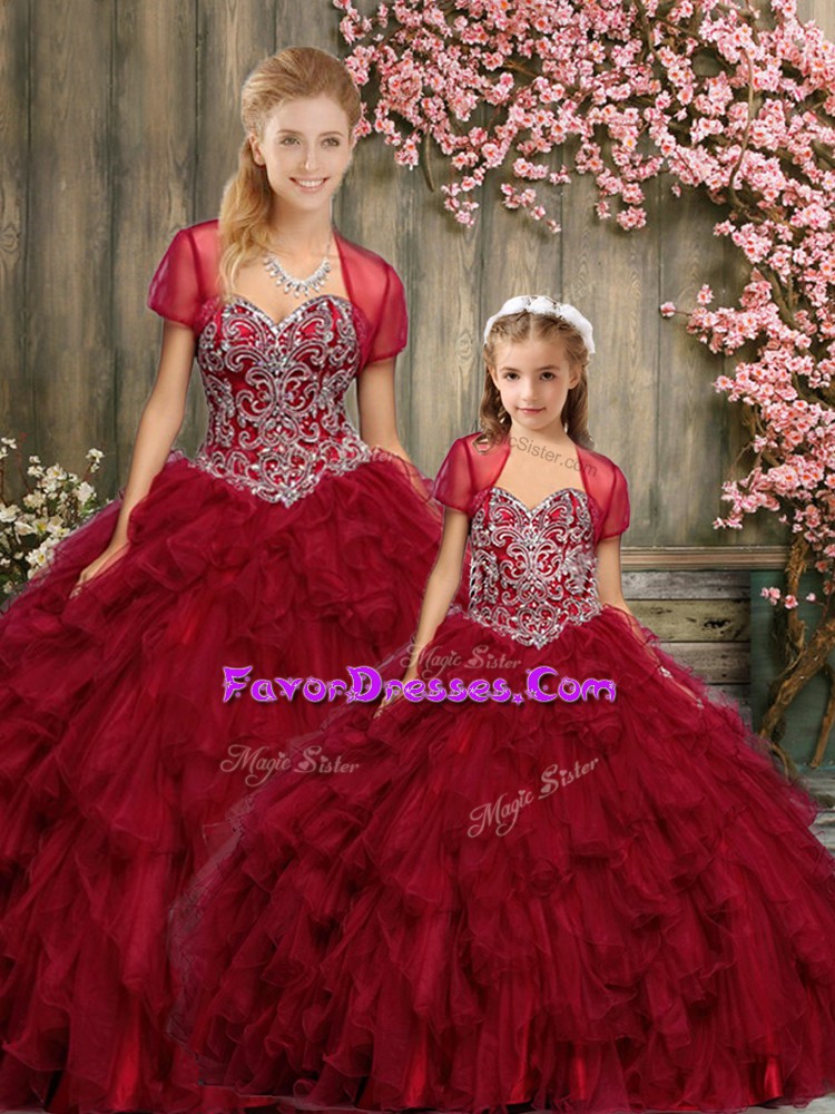  Wine Red Sweet 16 Dresses Military Ball and Sweet 16 and Quinceanera with Beading and Ruffles Sweetheart Sleeveless Lace Up