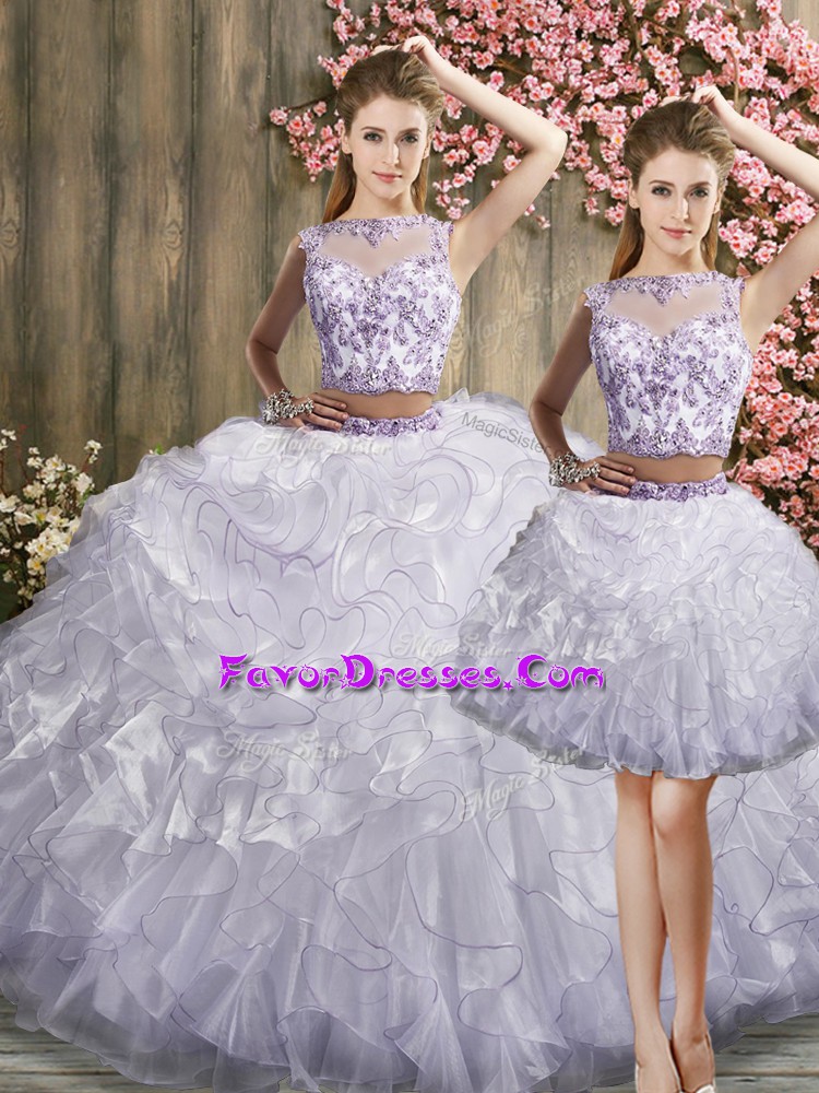  White Three Pieces Lace and Ruffles Sweet 16 Quinceanera Dress Zipper Organza Sleeveless Floor Length