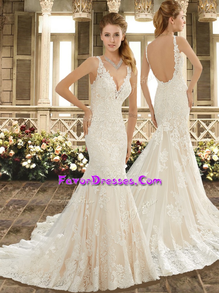 Fantastic Sleeveless Organza and Lace Sweep Train Backless Bridal Gown in White with Appliques and Embroidery