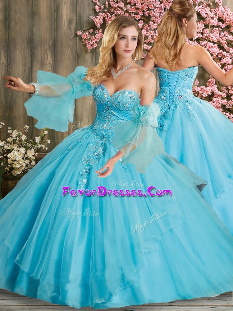  Floor Length Aqua Blue Ball Gown Prom Dress Sweetheart Sleeveless Lace Up