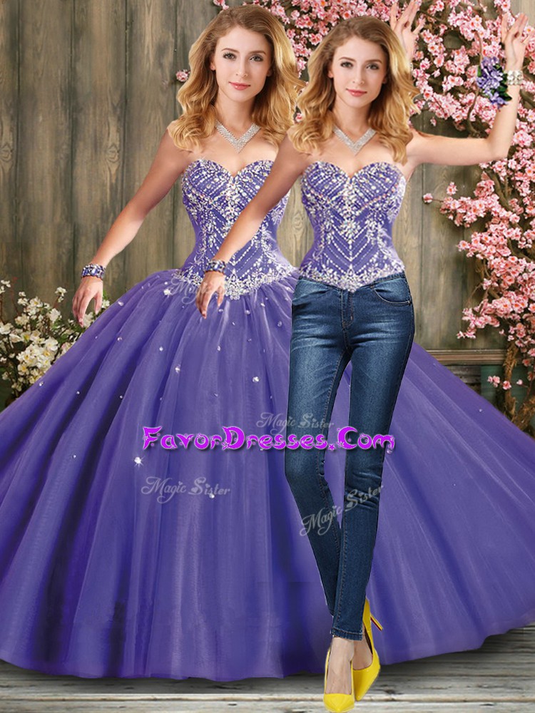 Dramatic Sleeveless Tulle Floor Length Lace Up Quinceanera Gowns in Lavender with Beading