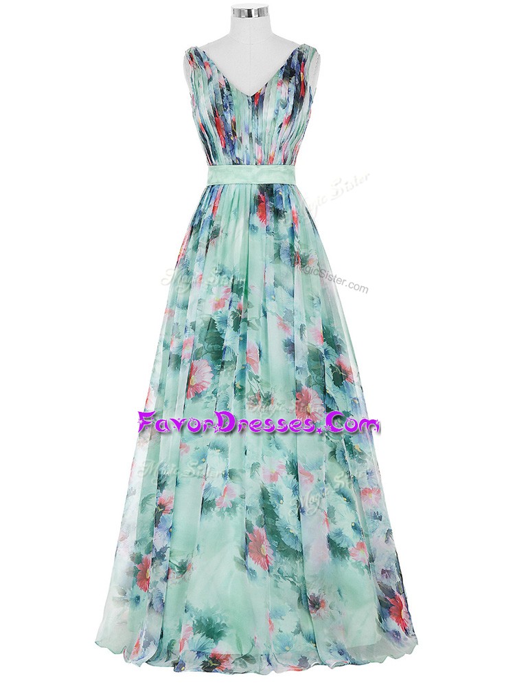 Attractive Multi-color Empire Printed V-neck Sleeveless Ruching and Belt Floor Length Zipper Prom Dresses