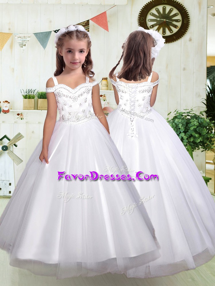 Fine White Ball Gowns Sweetheart Sleeveless Tulle Floor Length Lace Up Beading Flower Girl Dress