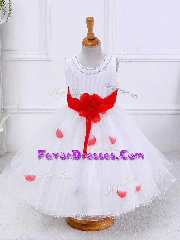  Tea Length Ball Gowns Sleeveless White Kids Pageant Dress Lace Up