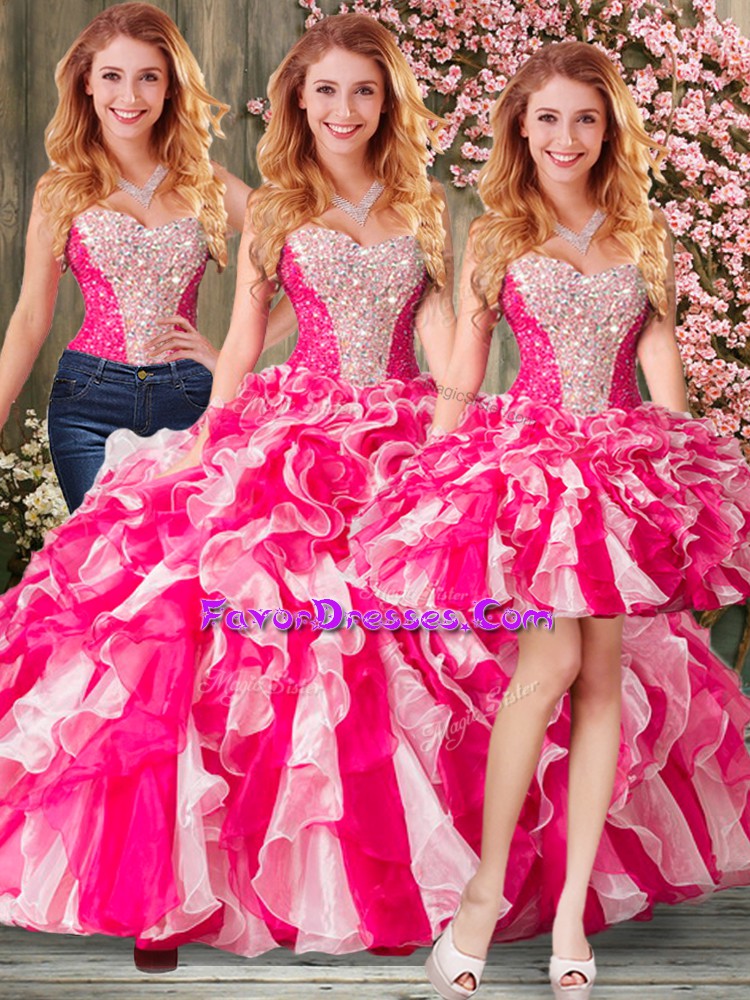 Sweetheart Sleeveless Lace Up Sweet 16 Quinceanera Dress Hot Pink Organza