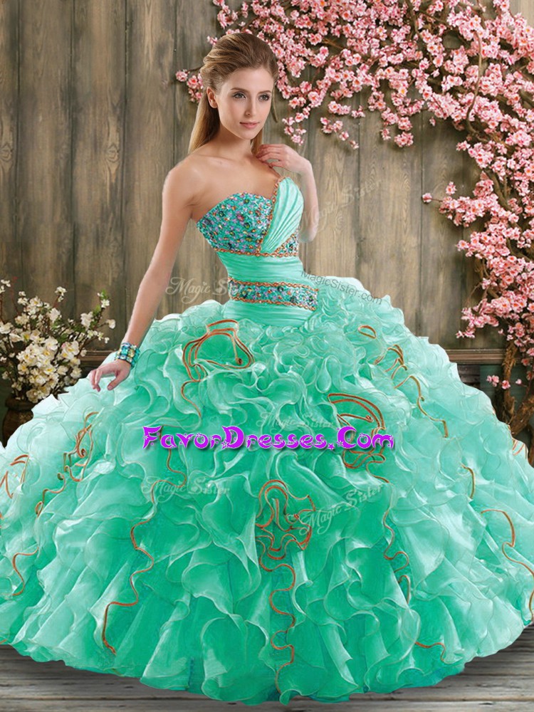 Sophisticated Sleeveless Beading and Ruffles Lace Up Sweet 16 Quinceanera Dress with Turquoise Brush Train