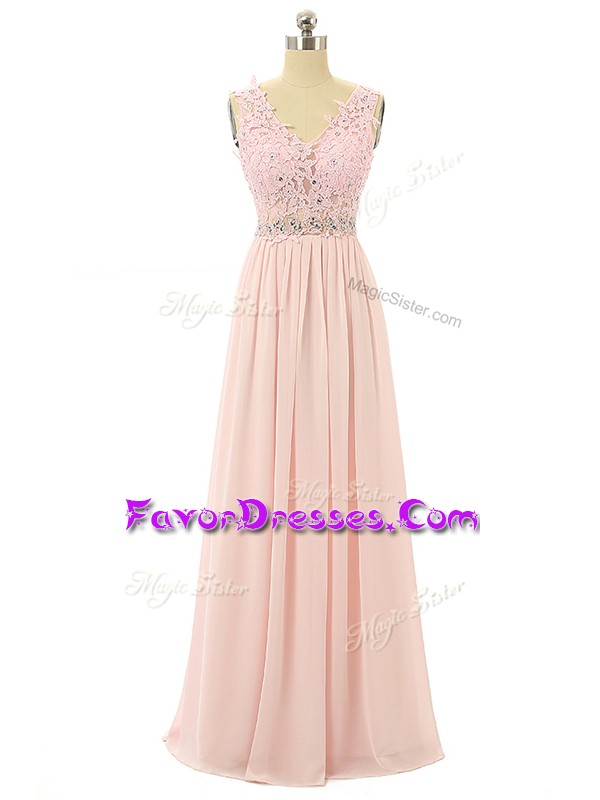  Pink Zipper V-neck Beading and Appliques Prom Evening Gown Chiffon Sleeveless