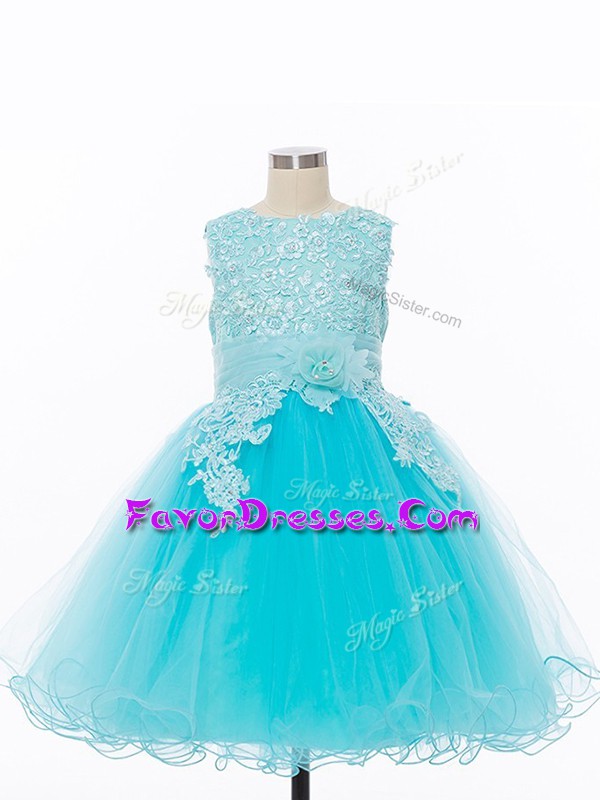 Dramatic Baby Blue Scoop Neckline Appliques and Hand Made Flower Kids Formal Wear Sleeveless Zipper