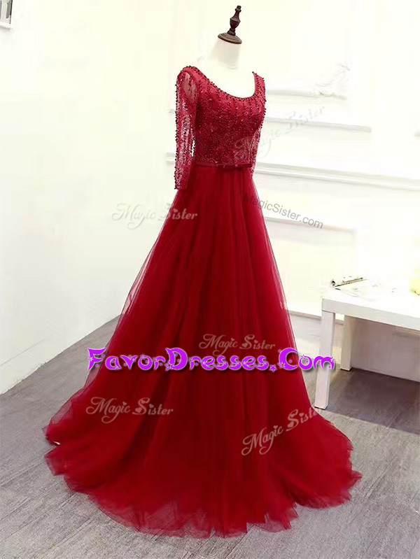  Wine Red Scoop Neckline Beading and Lace and Belt Homecoming Dress Long Sleeves Zipper