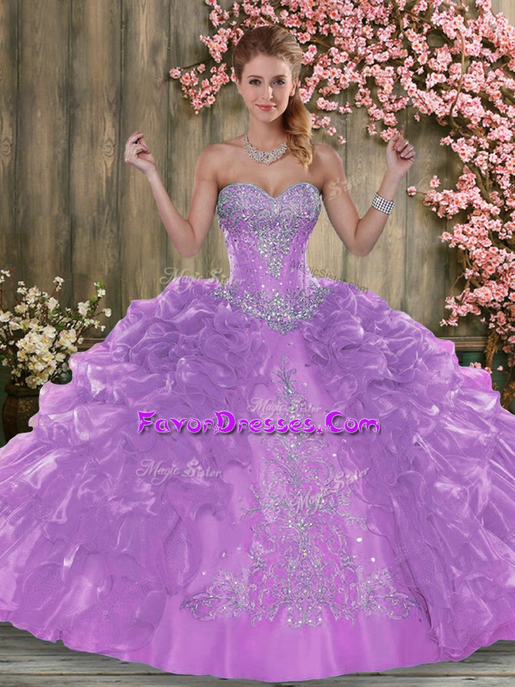 New Arrival Organza Sweetheart Sleeveless Lace Up Beading and Ruffles Quince Ball Gowns in Lavender
