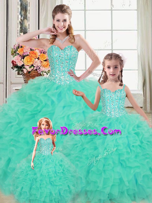Romantic Ball Gowns Ball Gown Prom Dress Turquoise Sweetheart Organza Sleeveless Floor Length Lace Up