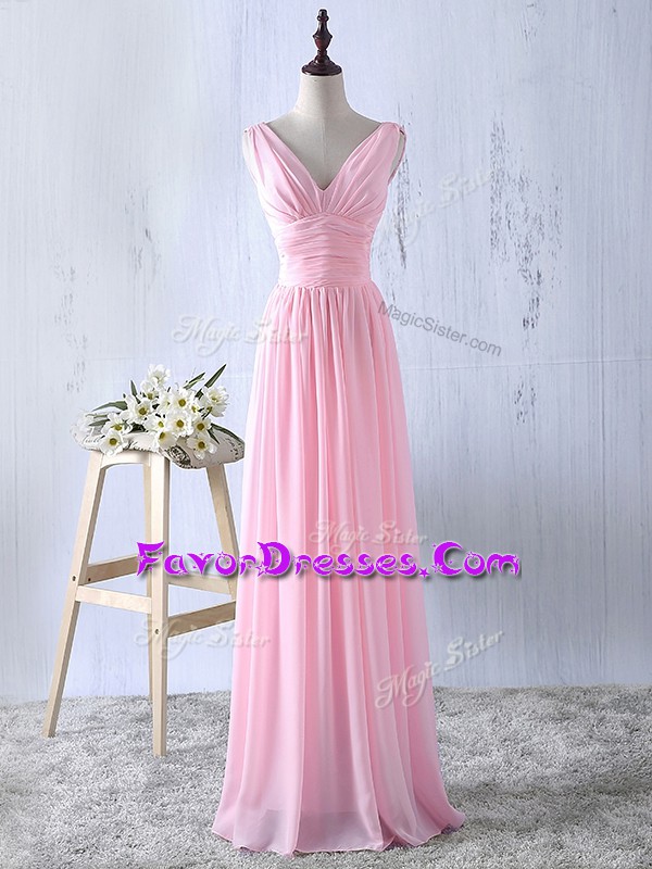 Trendy Baby Pink Chiffon Zipper Wedding Guest Dresses Sleeveless Floor Length Ruching
