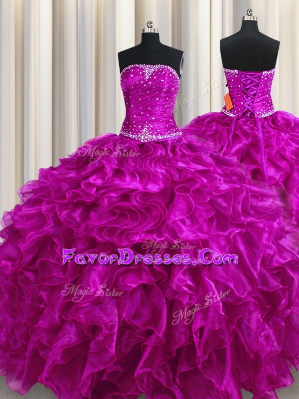 Low Price Fuchsia Strapless Lace Up Beading and Ruffles Quince Ball Gowns Sleeveless