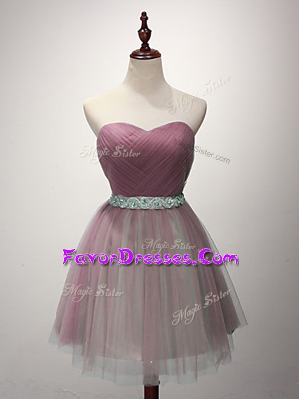 Custom Fit Sleeveless Tulle Mini Length Lace Up Vestidos de Damas in Pink with Beading and Ruching