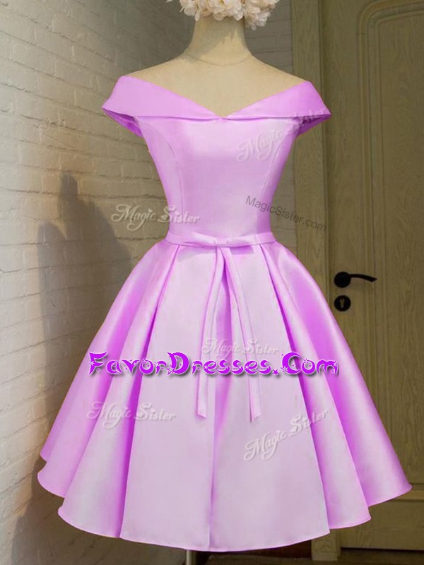  Taffeta Off The Shoulder Cap Sleeves Lace Up Belt Quinceanera Court of Honor Dress in Lilac