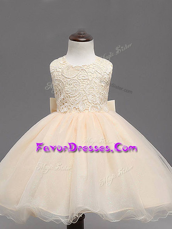  Champagne Ball Gowns Scoop Sleeveless Organza Knee Length Backless Lace and Bowknot Little Girl Pageant Gowns