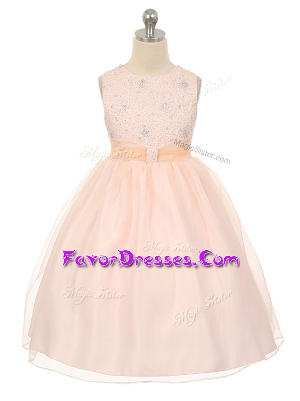  Baby Pink Sleeveless Knee Length Beading Lace Up Girls Pageant Dresses