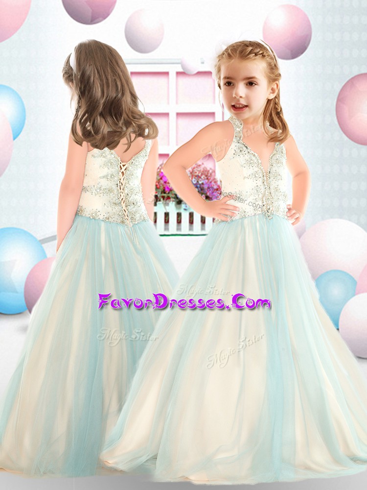 Gorgeous Teal Sleeveless Tulle Lace Up Pageant Gowns For Girls for Party and Wedding Party