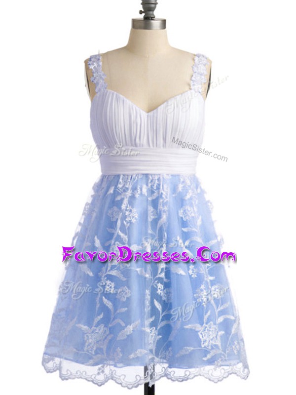 Hot Sale Sleeveless Knee Length Lace Lace Up Wedding Party Dress with Light Blue