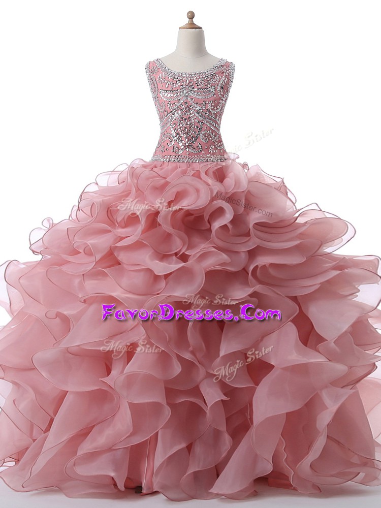  Sleeveless Floor Length Beading and Ruffles Zipper 15th Birthday Dress with Pink 