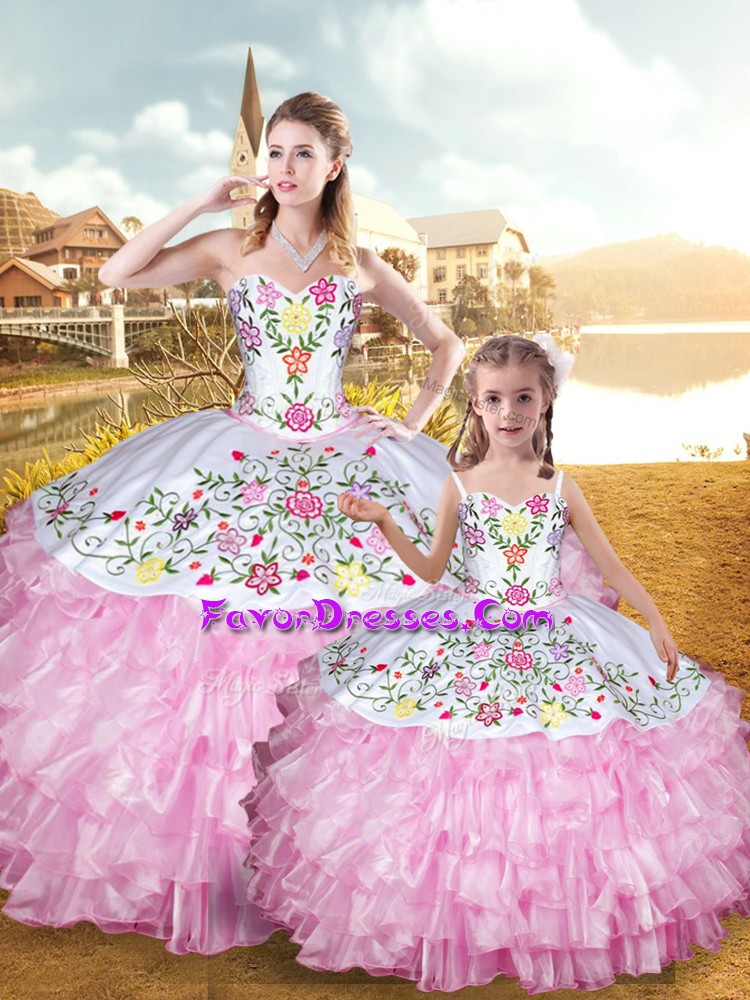  Floor Length Rose Pink Quinceanera Dress Organza and Taffeta Sleeveless Embroidery and Ruffled Layers