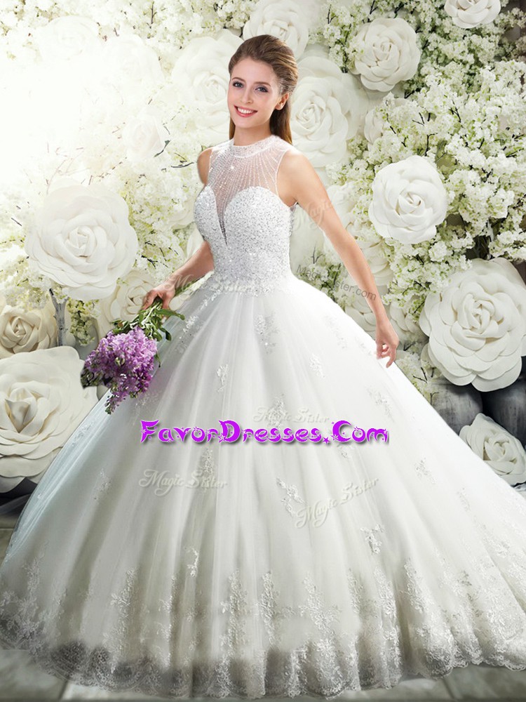 Enchanting Tulle Sleeveless Wedding Dress Chapel Train and Beading and Lace