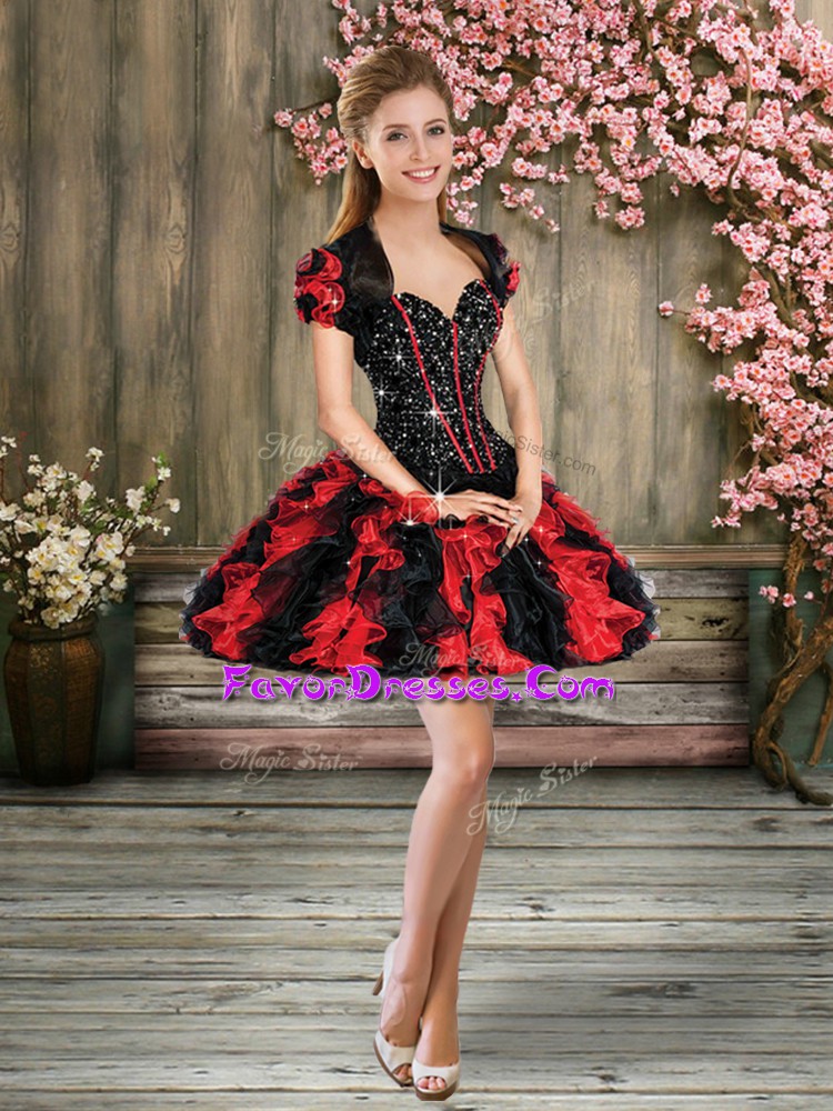 Fashionable Mini Length Red And Black Party Dress Wholesale Organza Sleeveless Beading and Ruffles