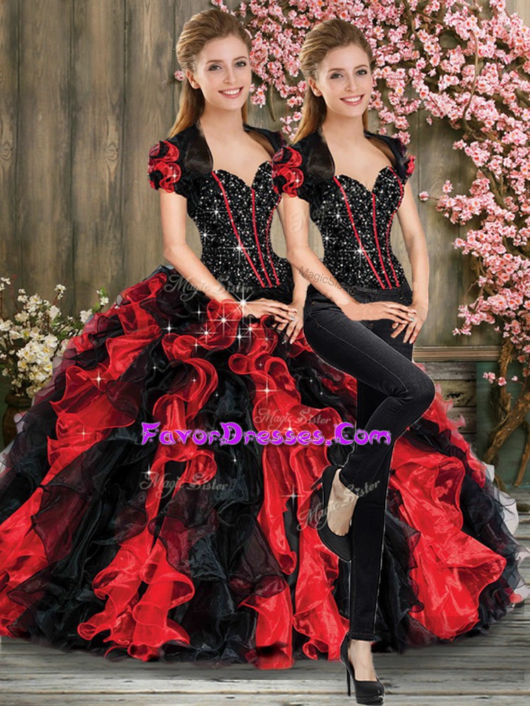 Attractive Red And Black Two Pieces Organza Sweetheart Sleeveless Beading and Ruffles Floor Length Lace Up Quince Ball Gowns