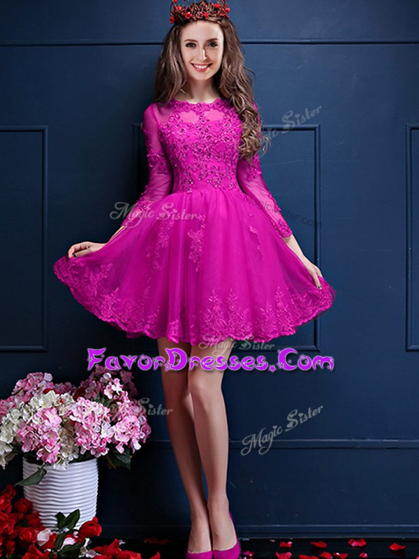  Fuchsia A-line Beading and Lace and Appliques Dama Dress for Quinceanera Lace Up Chiffon 3 4 Length Sleeve Mini Length