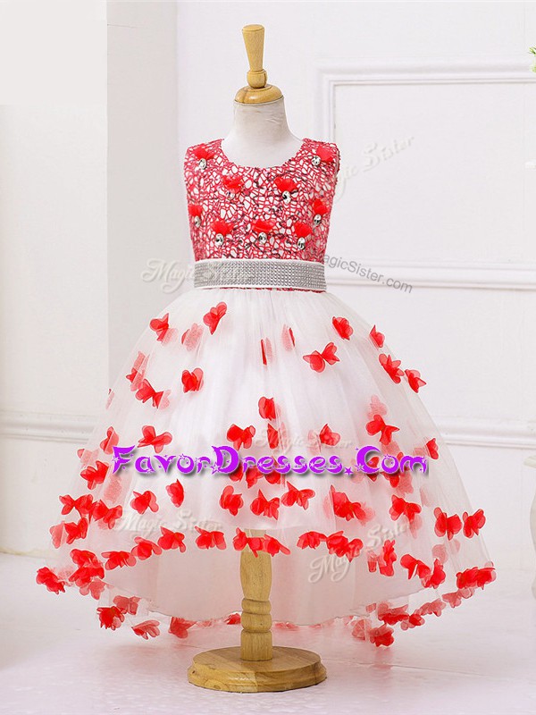Designer Tulle Scoop Sleeveless Zipper Appliques and Sequins Toddler Flower Girl Dress in White And Red 
