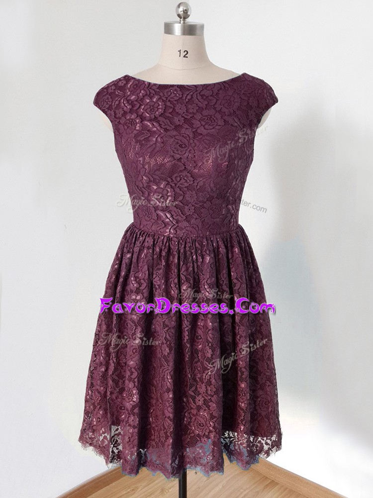  Empire Bridesmaid Dresses Dark Purple Scoop Lace Cap Sleeves Knee Length Lace Up