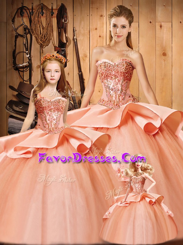 Stunning Peach Lace Up Sweetheart Beading and Embroidery Sweet 16 Dresses Taffeta and Tulle Sleeveless Court Train