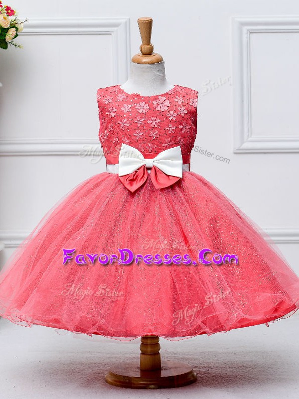 Dramatic Coral Red Kids Pageant Dress Wedding Party with Lace and Bowknot Scoop Sleeveless Zipper