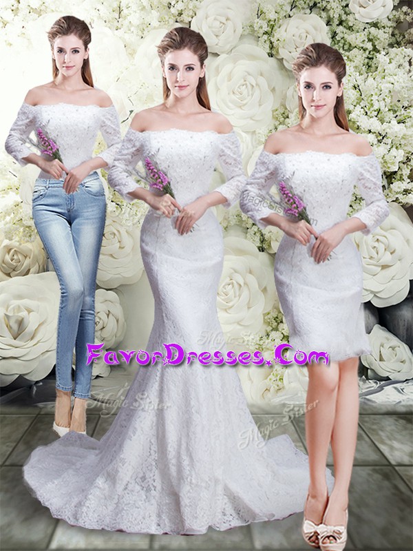 Nice 3 4 Length Sleeve Brush Train Lace Up Lace Wedding Dress