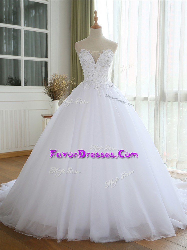 Customized Sleeveless Court Train Lace Up Lace and Appliques Wedding Gown