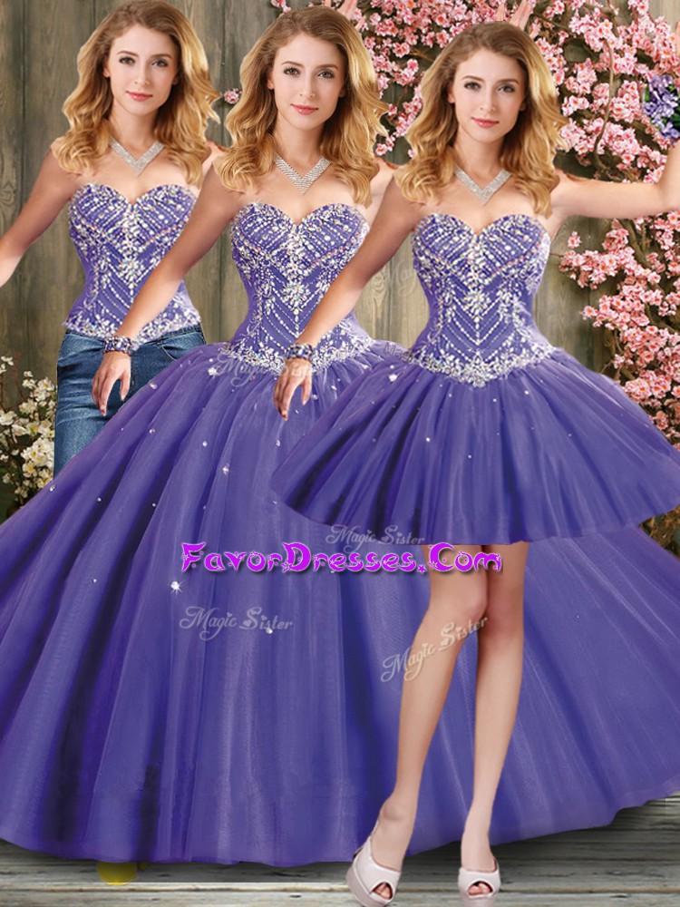 Inexpensive Sweetheart Sleeveless Lace Up Sweet 16 Dresses Lavender Tulle