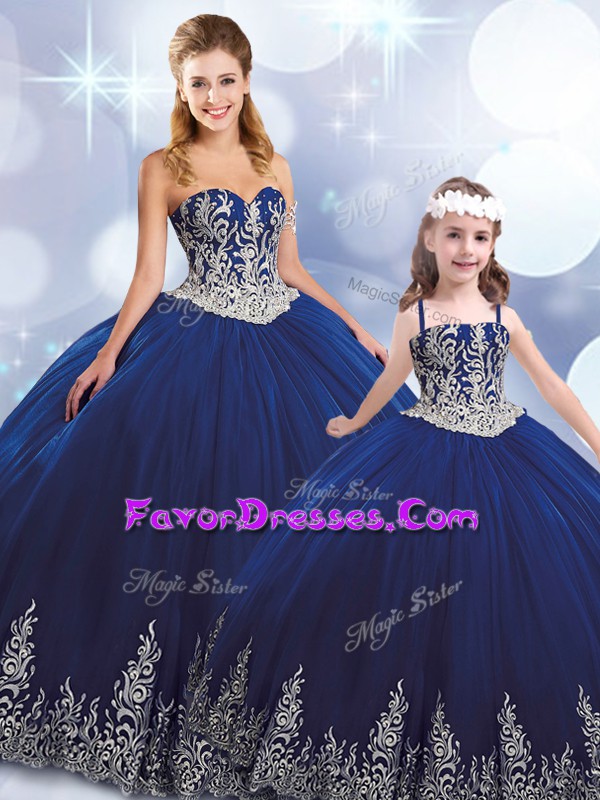 Comfortable Floor Length Ball Gowns Sleeveless Navy Blue Quinceanera Gowns Lace Up